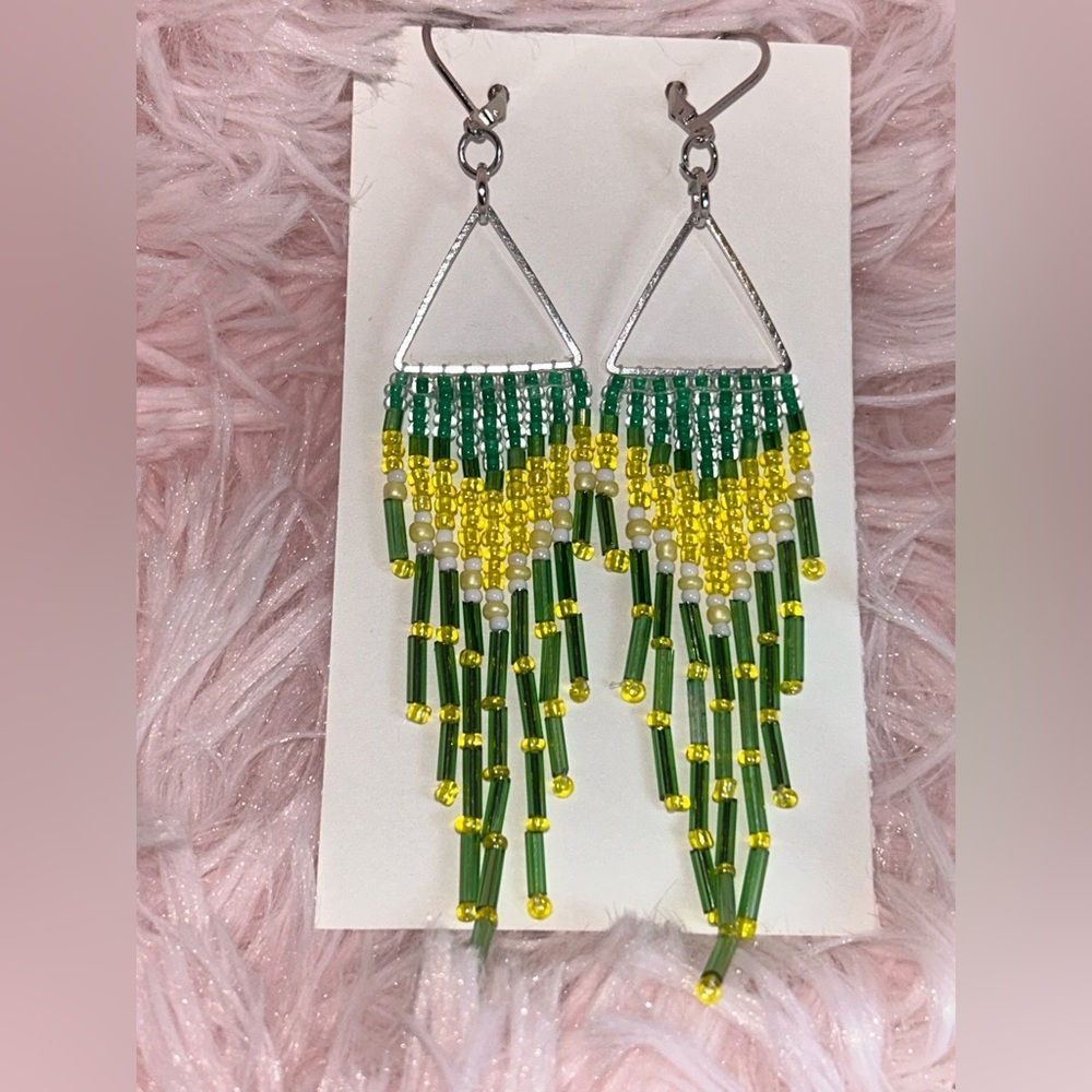 Elegant Beaded Chandelier Earrings in Green and Yellow